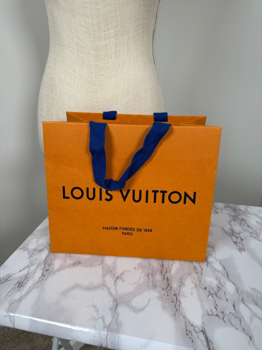 Authentic Louis Vuitton Orange Paper Shopping Bag with Blue Handles